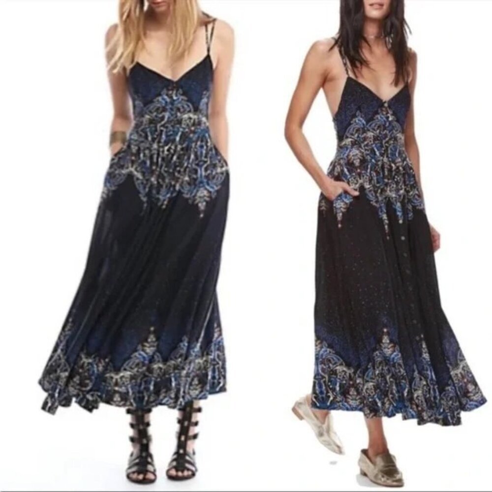 FREE PEOPLE be my baby maxi dress blue xs sundress hippie boho floral strappy